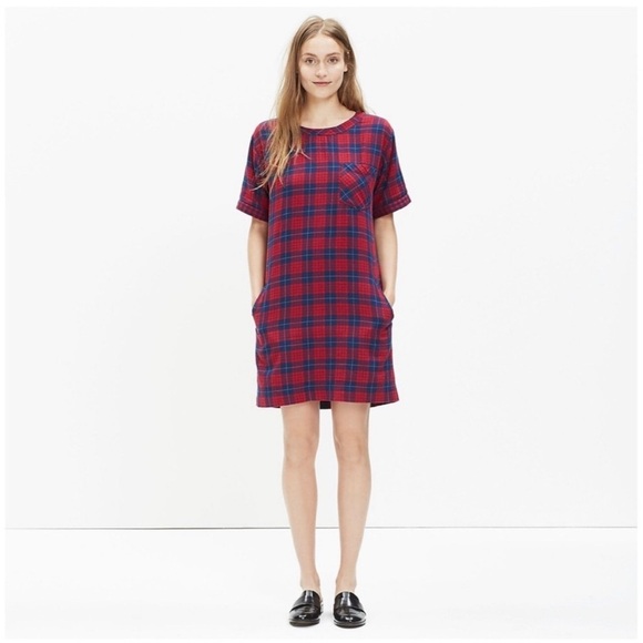 MADEWELL EDINA RED BLUE PLAID SHIRT SHIFT DRESS FLANNEL COTTON SIZE XXS - Picture 1 of 11